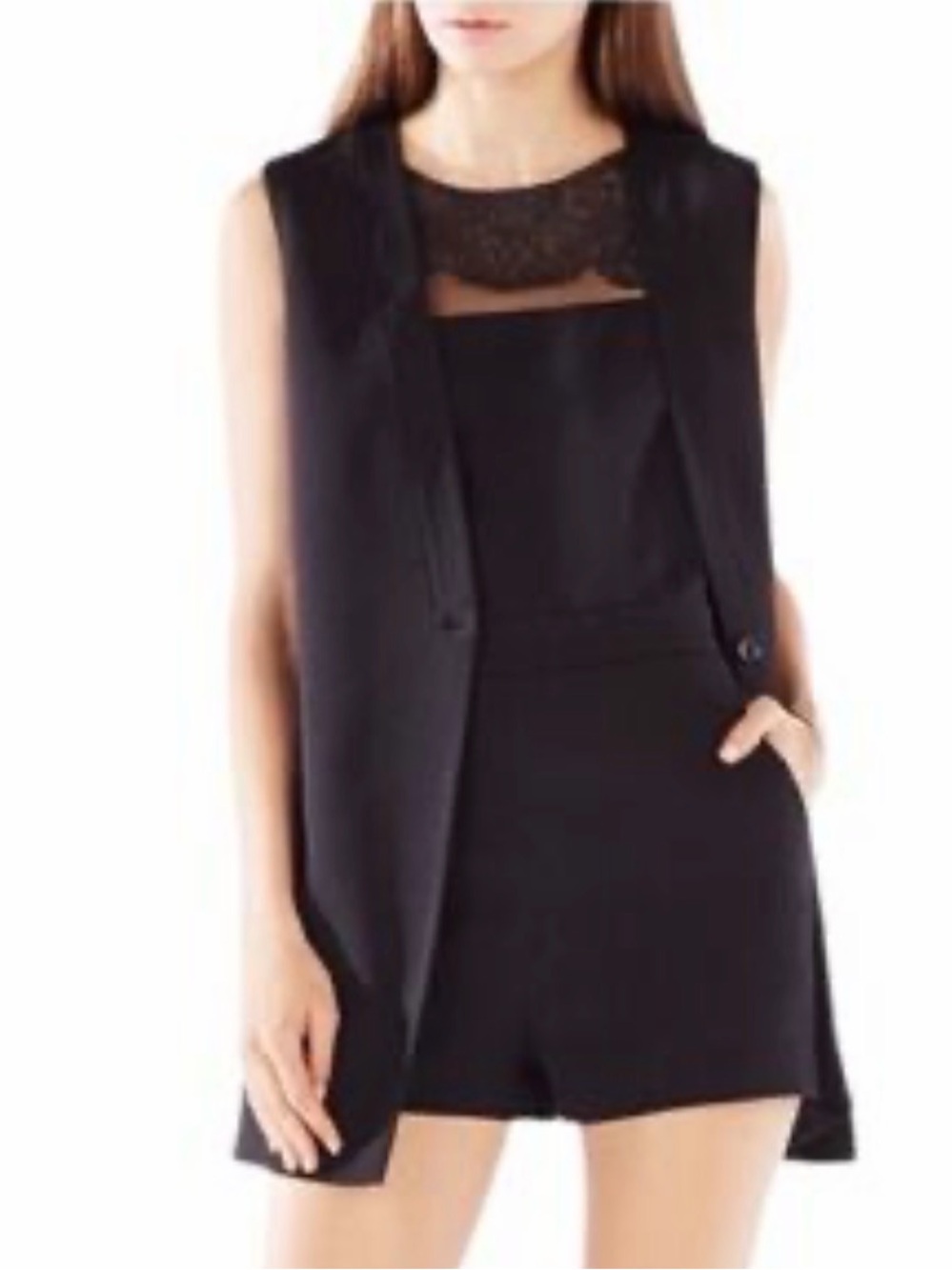 BCBGMaxAzria Black Sleeveless Lace Yoke Romper with Long Vest